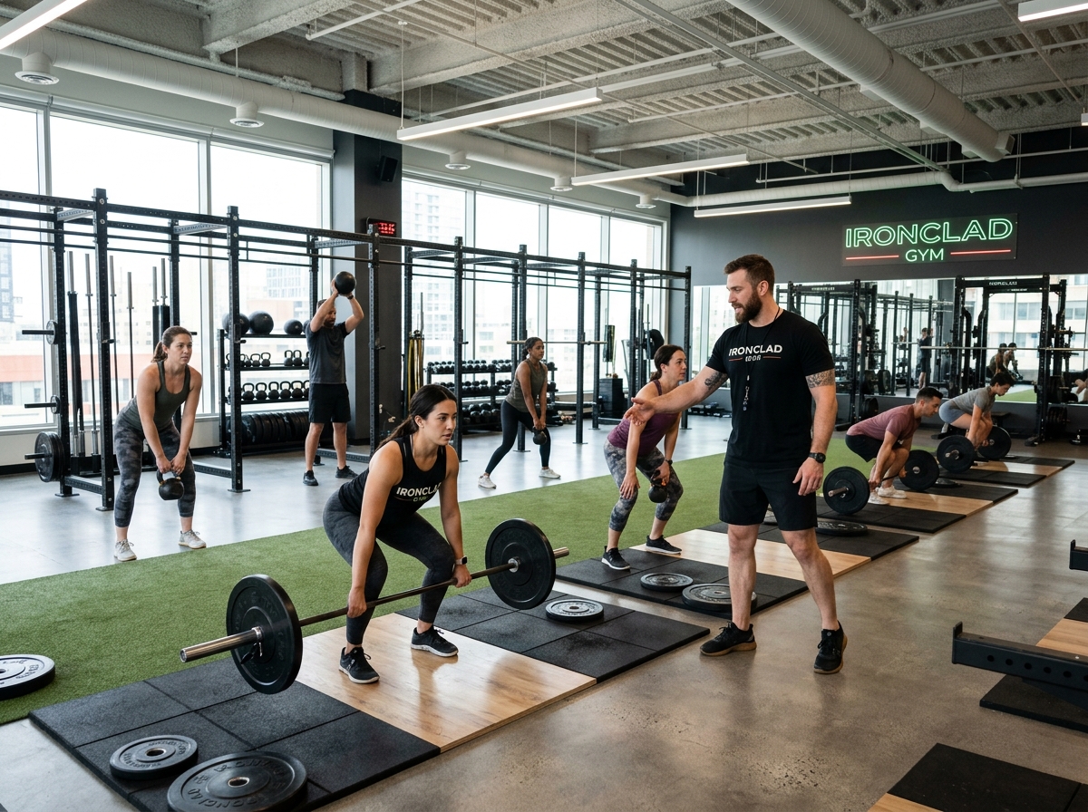 Ironclad Fitness Studio training floor with a coach leading members mid-session
