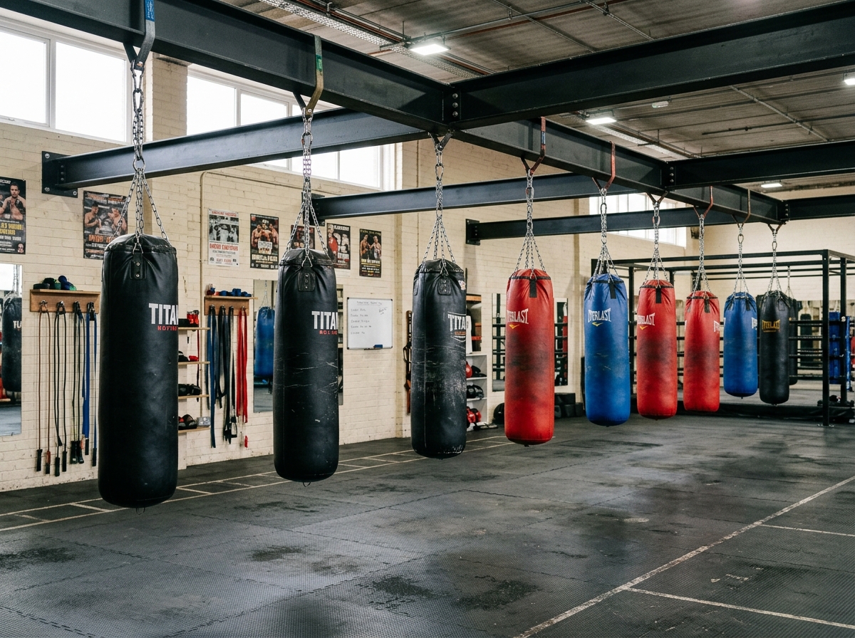 Row of heavy bags and mitt stations in the boxing area