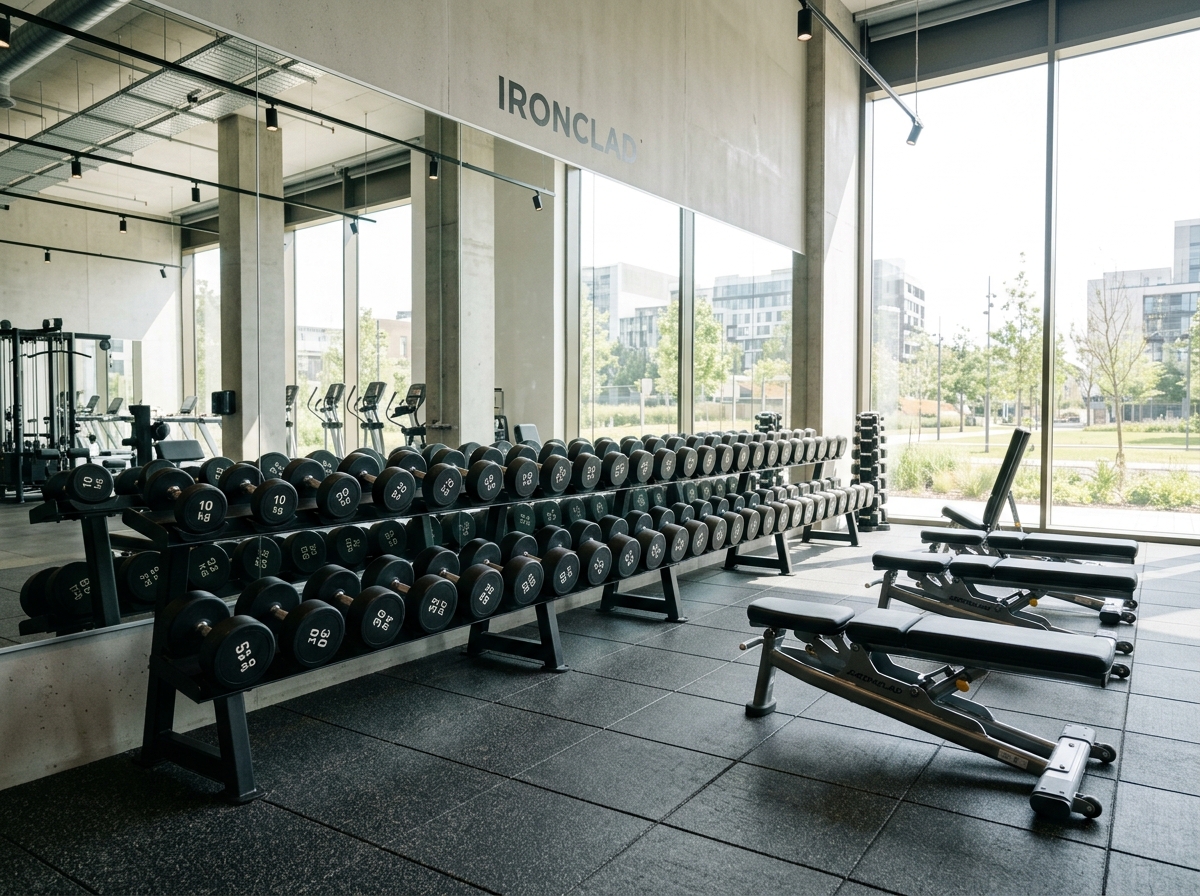 Free weights area with dumbbell and kettlebell racks at Ironclad Fitness Studio