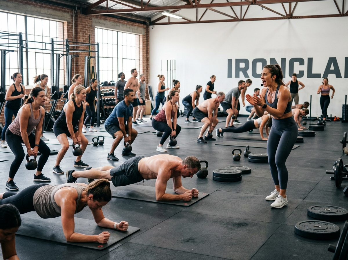 Members mid-workout during a HIIT Blast group class