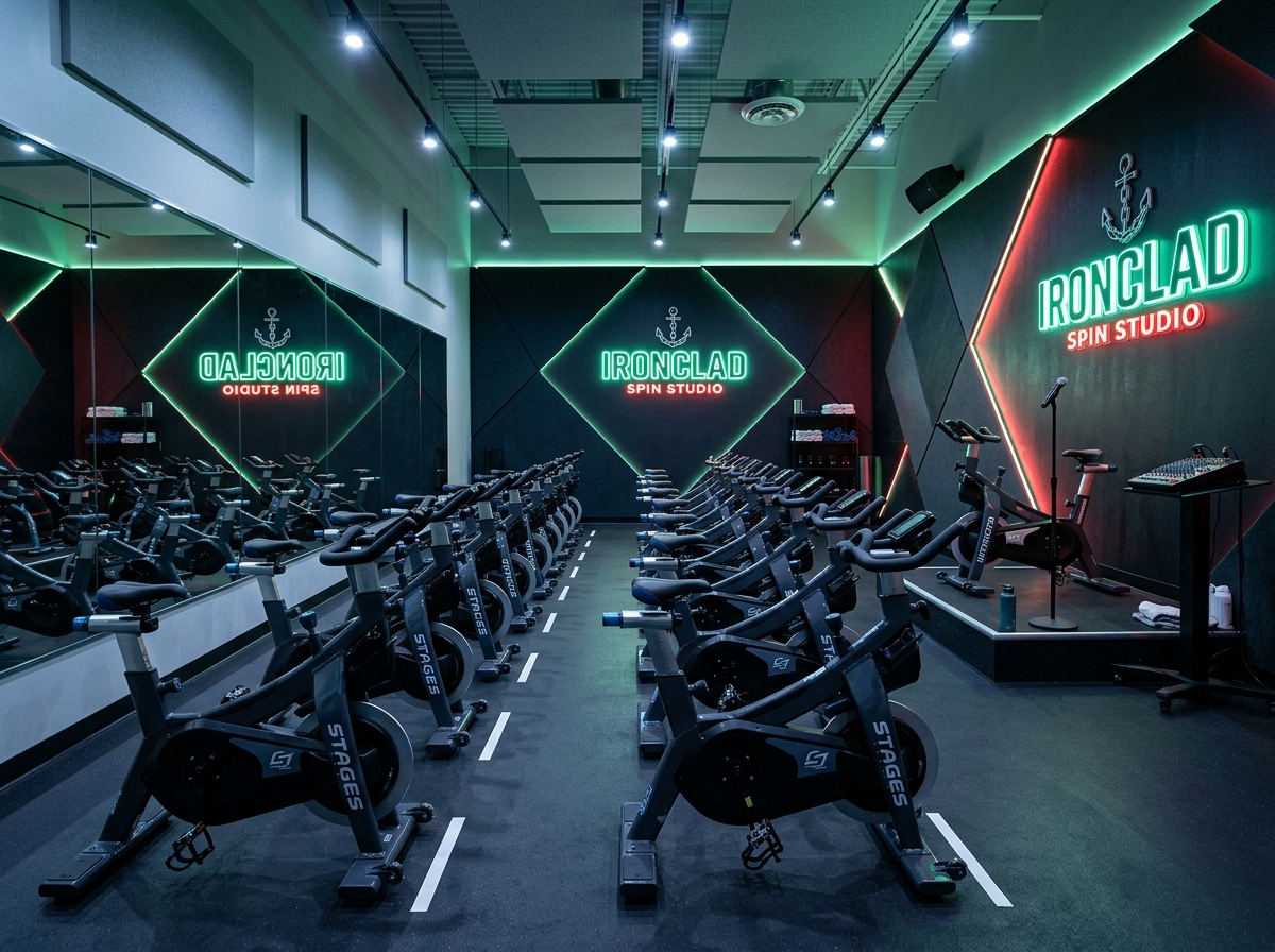Spin studio with rows of stationary cycling bikes