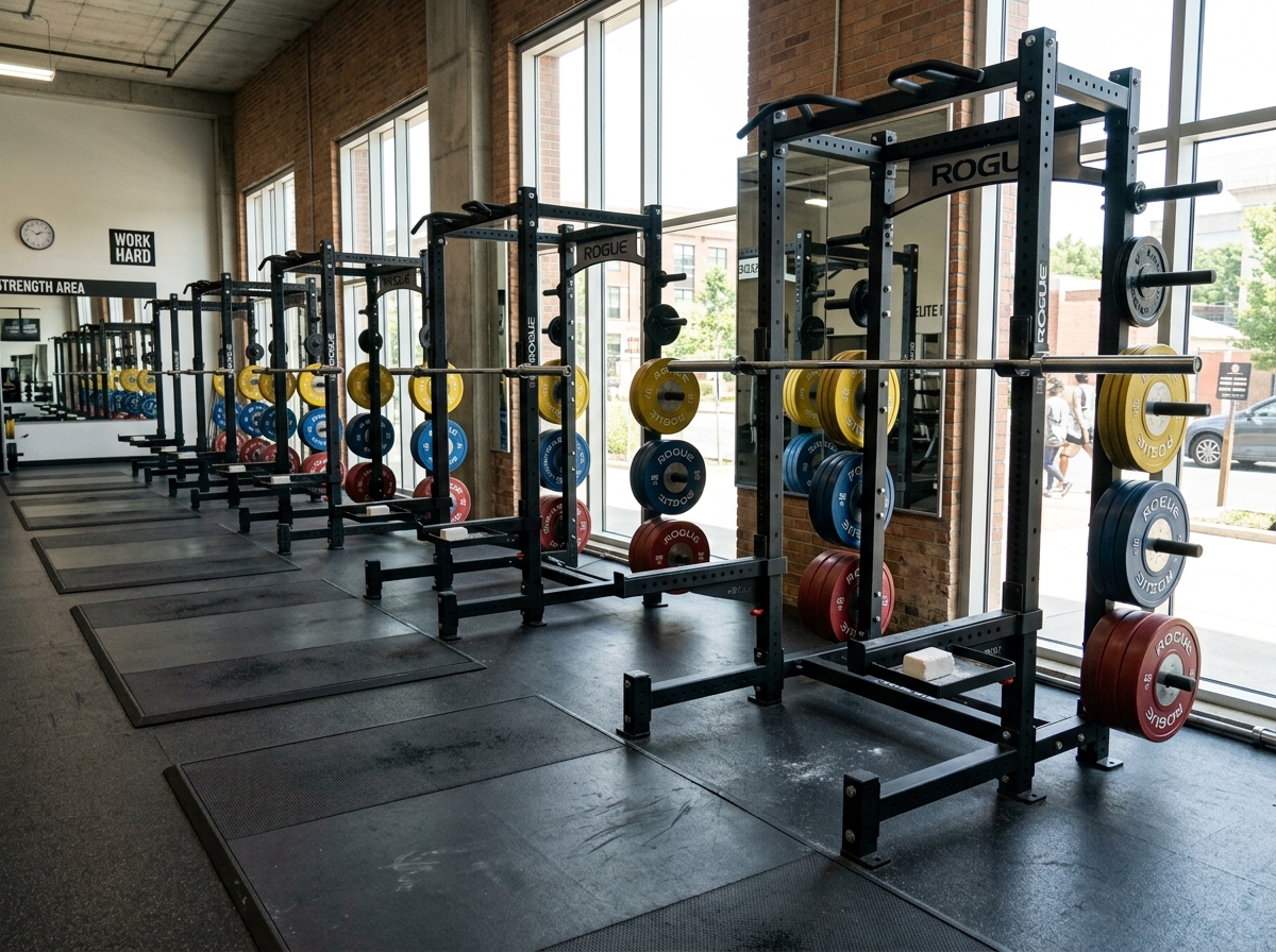 Row of squat racks and olympic barbells