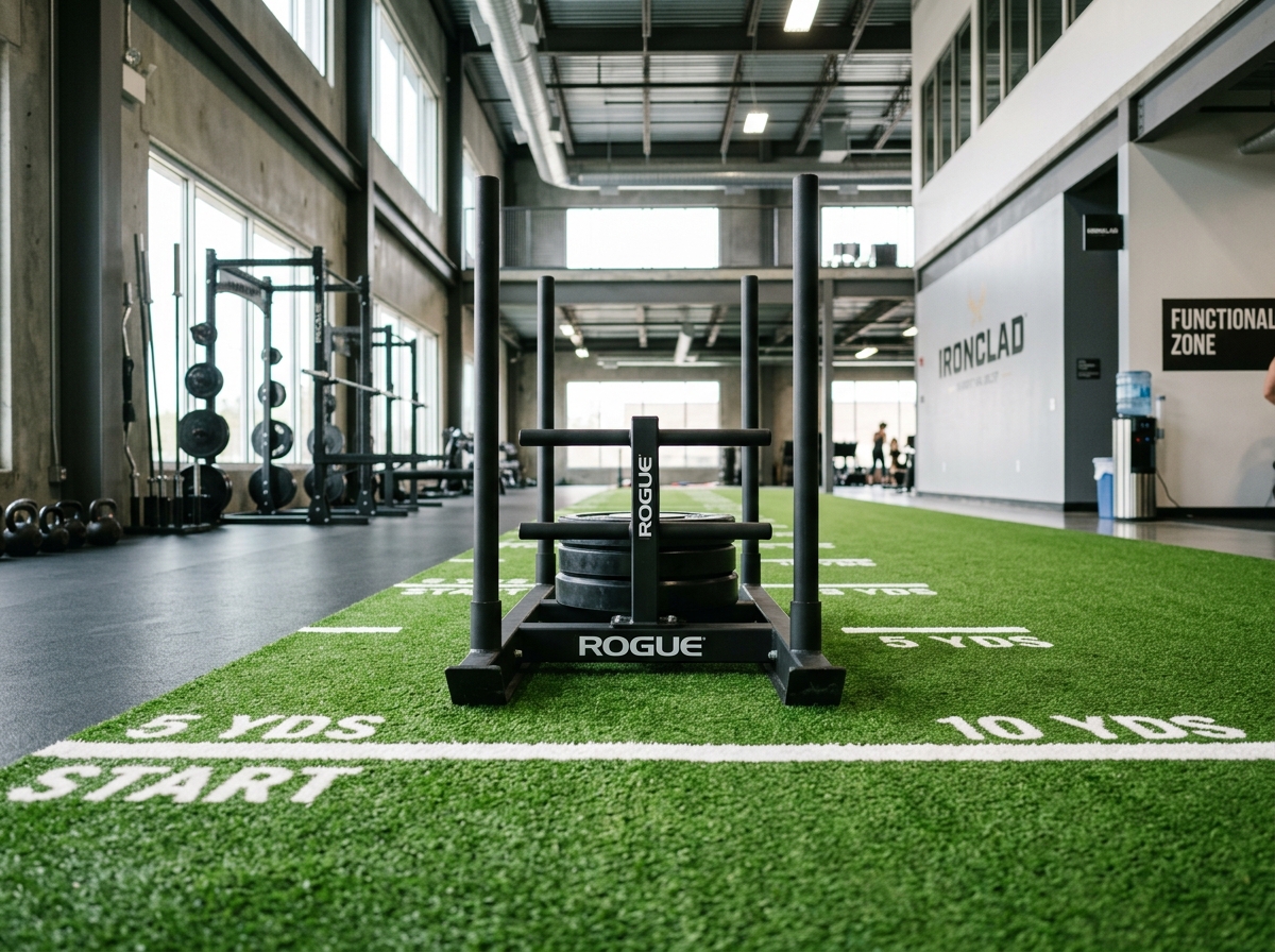 Turf training zone used for sled pushes and sprint drills