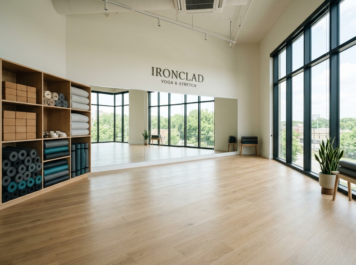 Mirrored yoga and mobility studio room