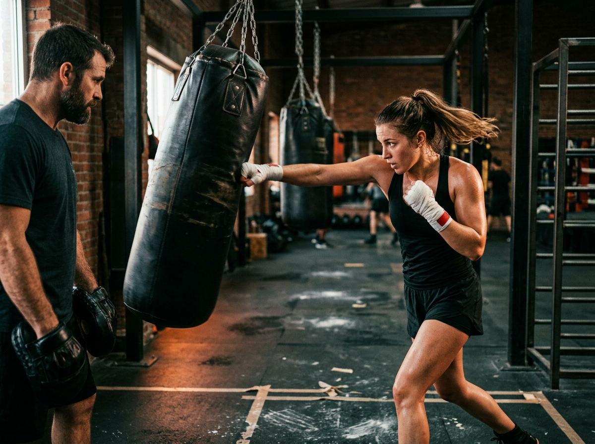 Member throwing a punch on a heavy bag during Boxing Fundamentals class
