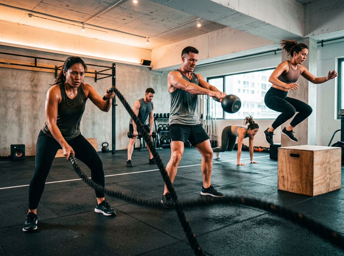 Members mid-circuit during a high-intensity HIIT Blast class