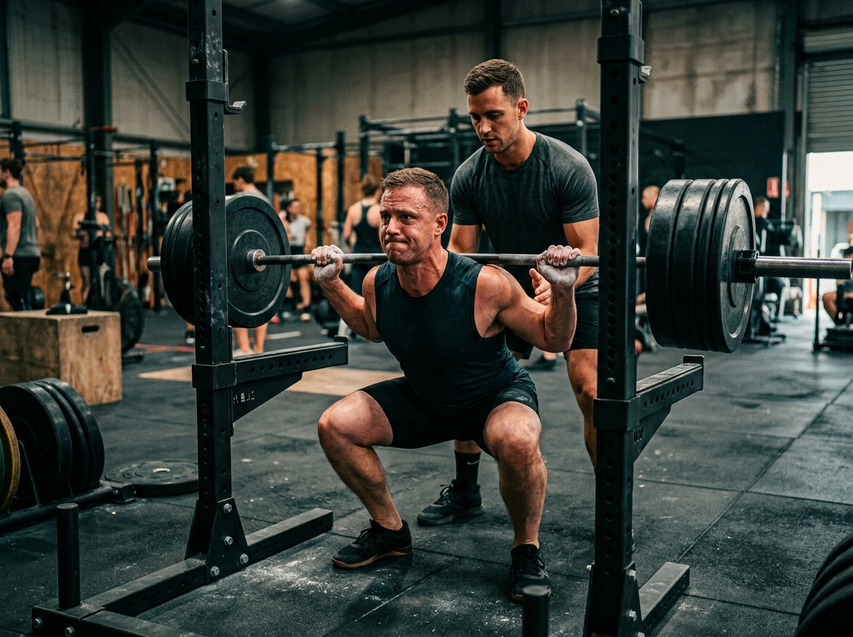 Coach spotting a member during a barbell back squat in an Iron Strength session