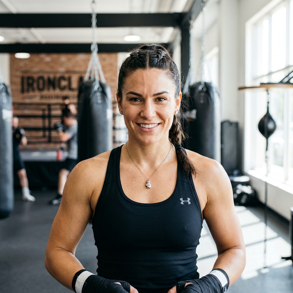 Portrait of Elena Vasquez, HIIT and boxing coach at Ironclad Fitness Studio