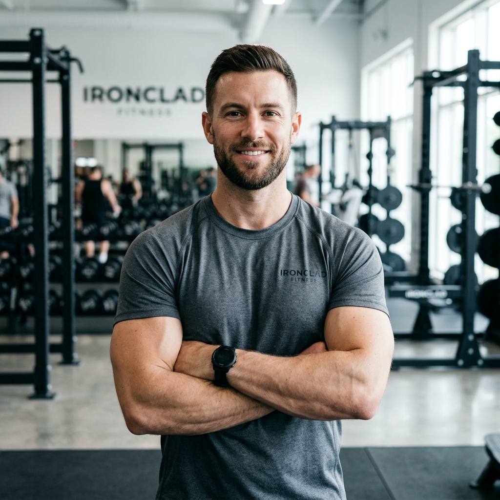 Portrait of Marcus Reed, strength and conditioning coach at Ironclad Fitness Studio